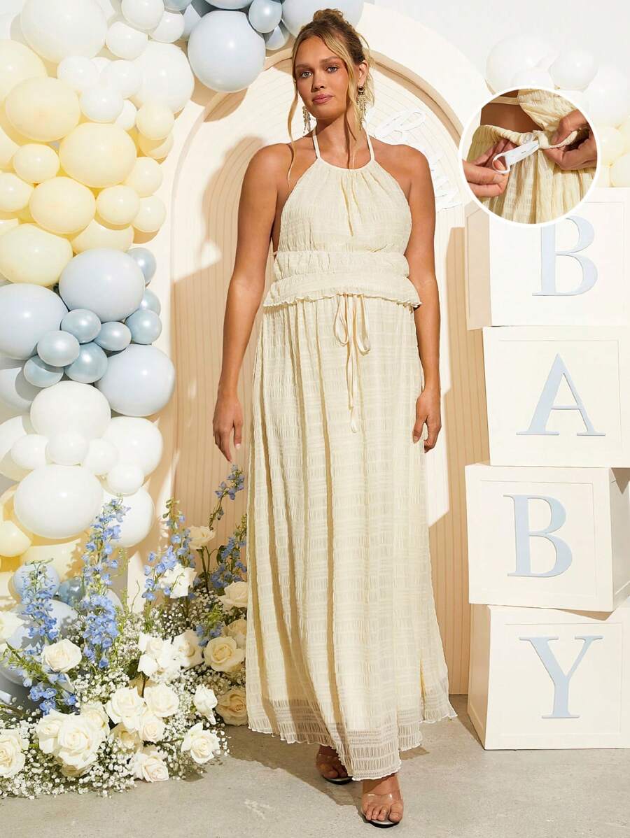 Maternity 2 Piece Set Sexy Halter Backless Crop Top and Maxi Skirt Apricot for Baby Shower and Gender Reveal