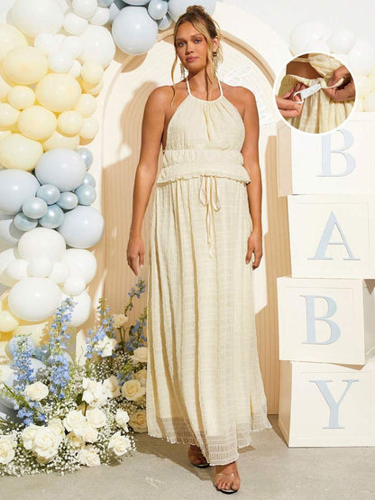 Maternity 2 Piece Set Sexy Halter Backless Crop Top and Maxi Skirt Apricot for Baby Shower and Gender Reveal