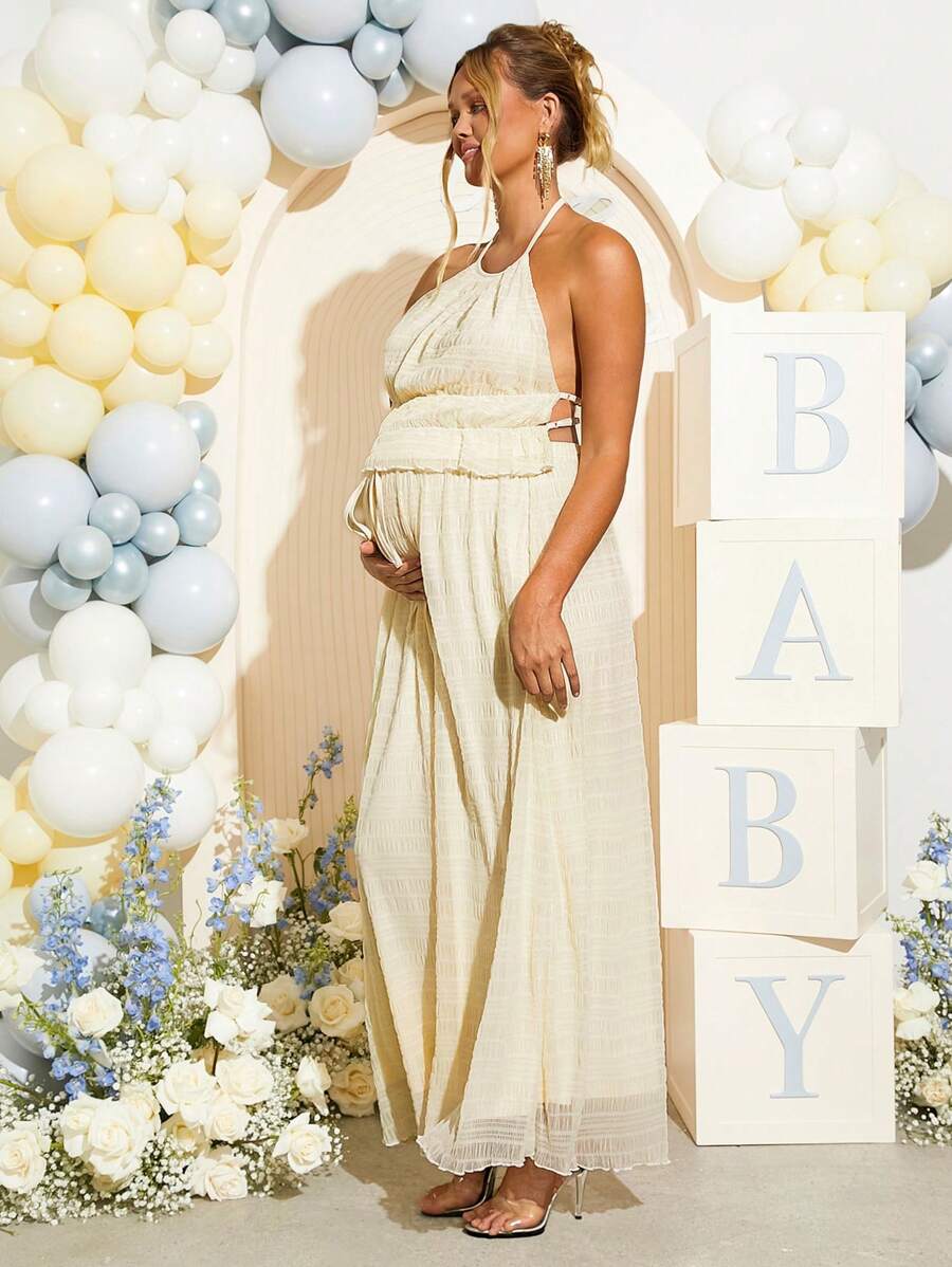 Maternity 2 Piece Set Sexy Halter Backless Crop Top and Maxi Skirt Apricot for Baby Shower and Gender Reveal