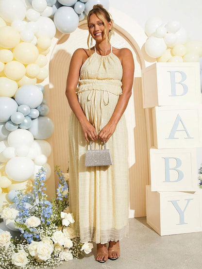 Maternity 2 Piece Set Sexy Halter Backless Crop Top and Maxi Skirt Apricot for Baby Shower and Gender Reveal