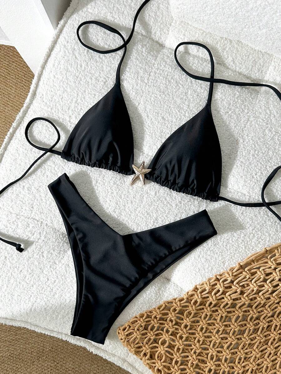 Swim Vcay Women's Solid Color Spaghetti Strap Metal Decor Sexy Bikini Set, Summer