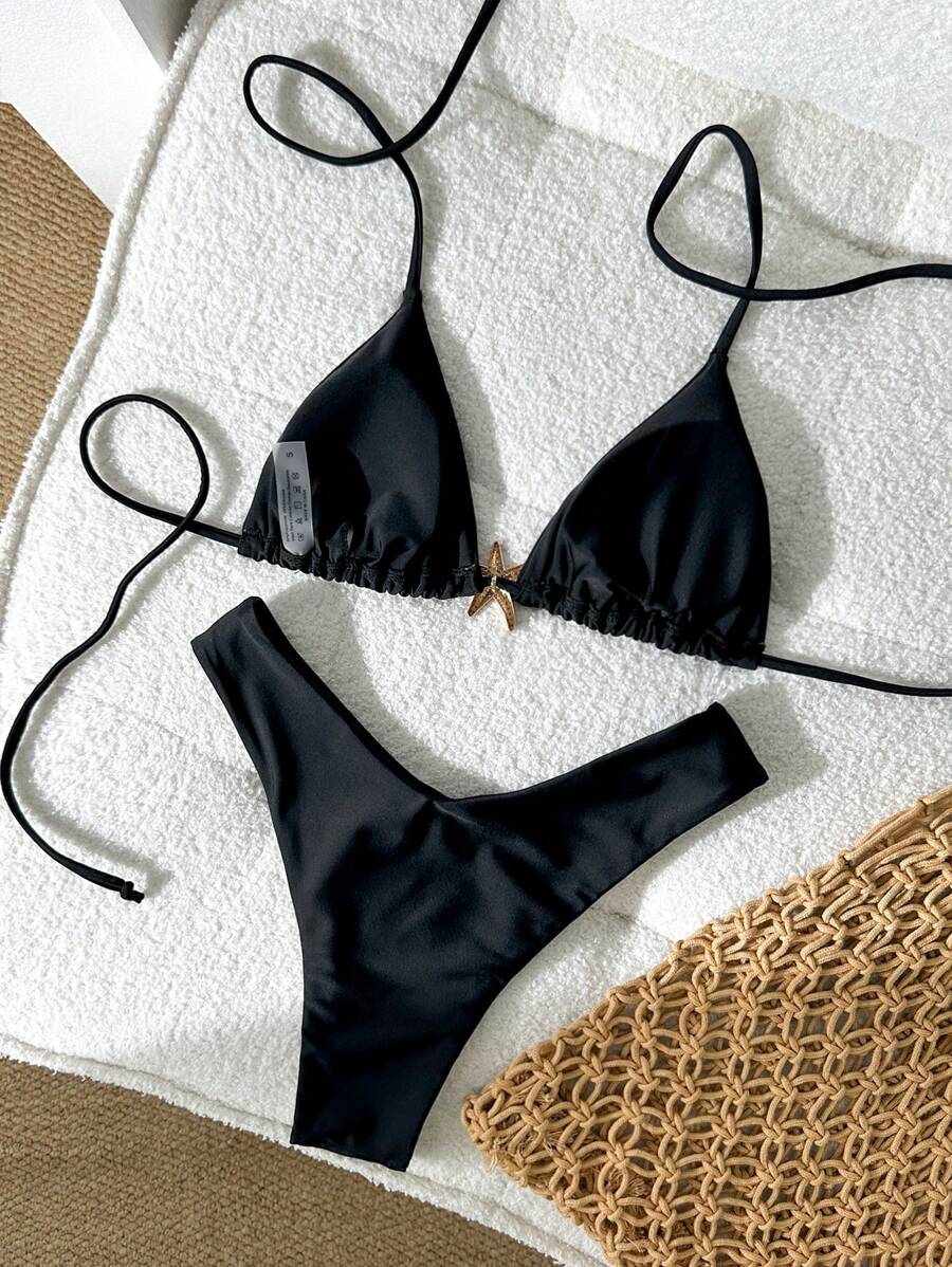 Swim Vcay Women's Solid Color Spaghetti Strap Metal Decor Sexy Bikini Set, Summer