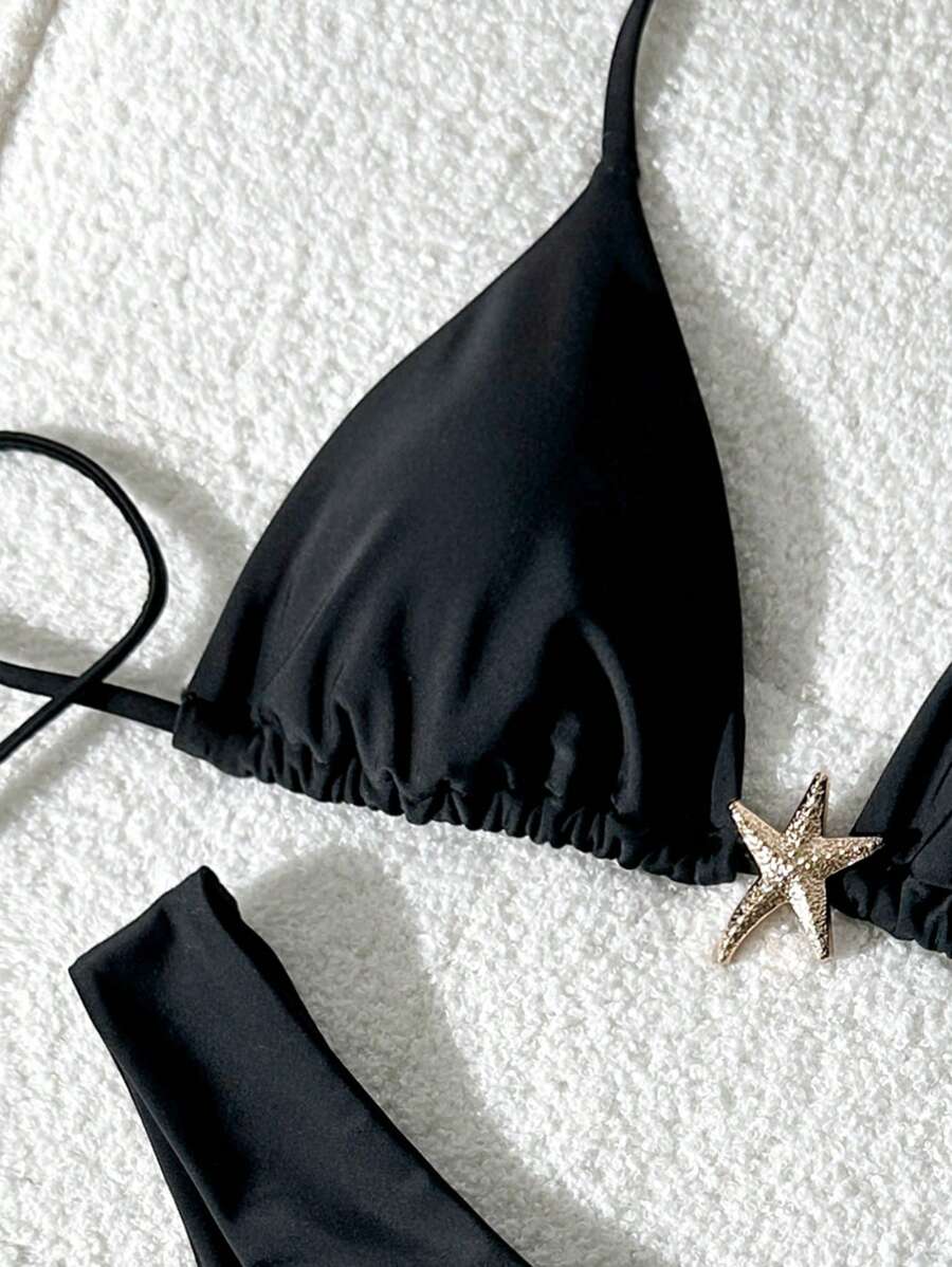 Swim Vcay Women's Solid Color Spaghetti Strap Metal Decor Sexy Bikini Set, Summer
