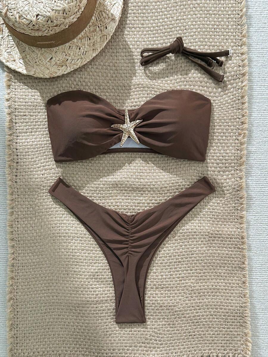 Swim Vcay Women's Solid Color Spaghetti Strap Starfish Metal Decor Sexy Bikini Set, Summer