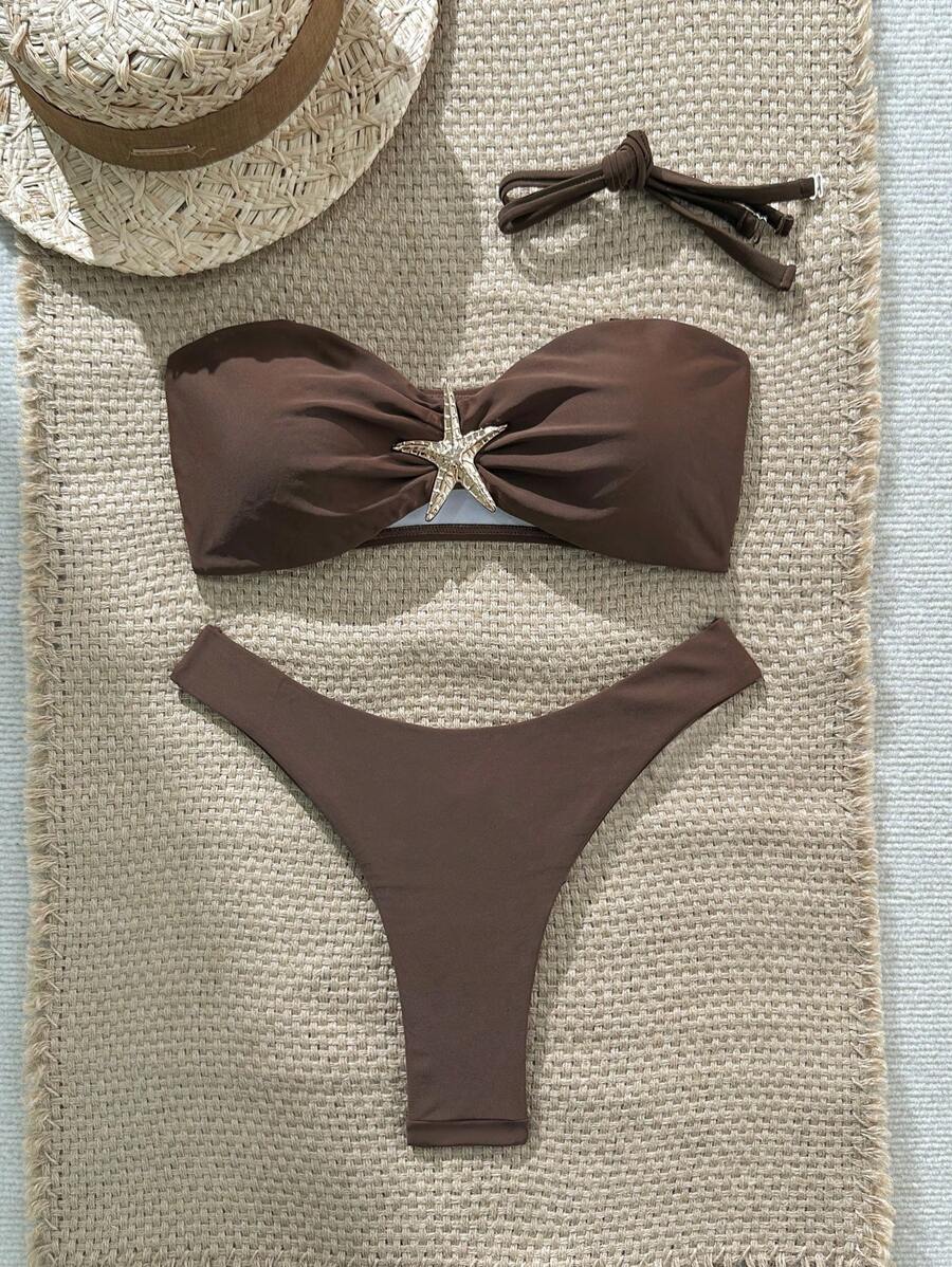 Swim Vcay Women's Solid Color Spaghetti Strap Starfish Metal Decor Sexy Bikini Set, Summer