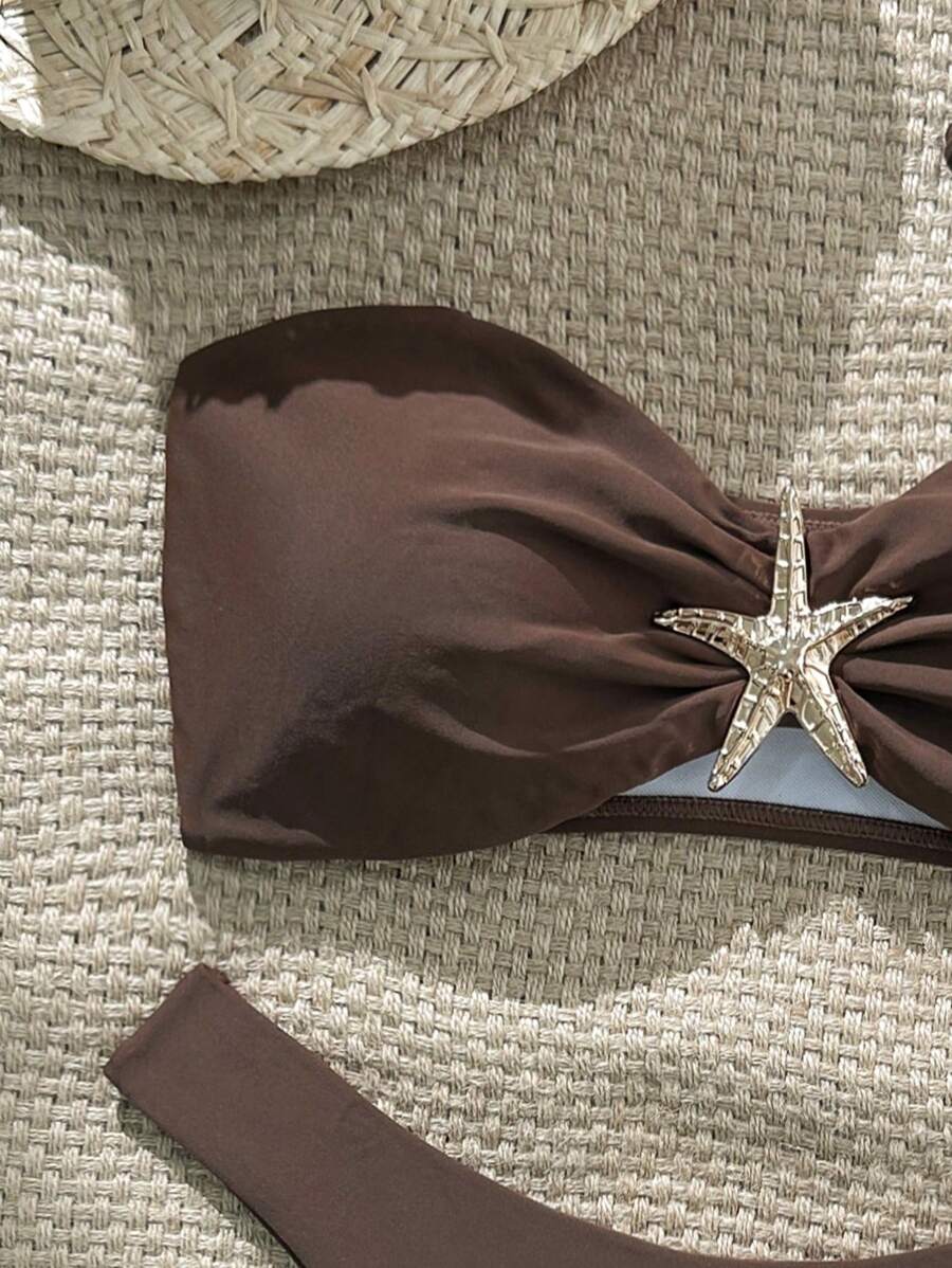 Swim Vcay Women's Solid Color Spaghetti Strap Starfish Metal Decor Sexy Bikini Set, Summer