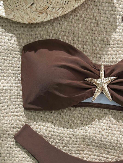 Swim Vcay Women's Solid Color Spaghetti Strap Starfish Metal Decor Sexy Bikini Set, Summer