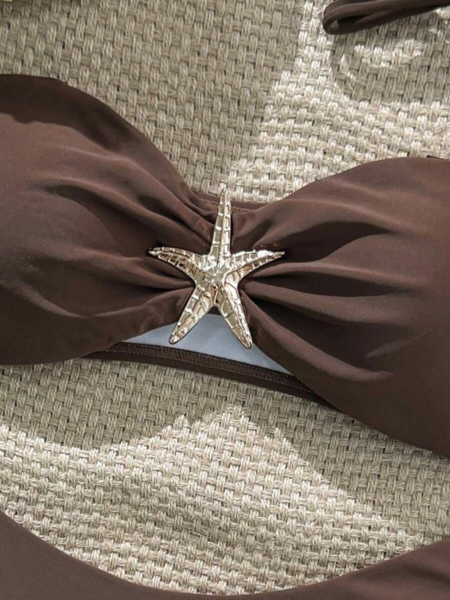 Swim Vcay Women's Solid Color Spaghetti Strap Starfish Metal Decor Sexy Bikini Set, Summer
