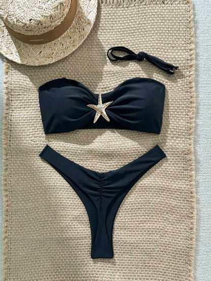 Swim Vcay Women's Solid Color Spaghetti Strap Starfish Metal Decor Sexy Bikini Set, Summer