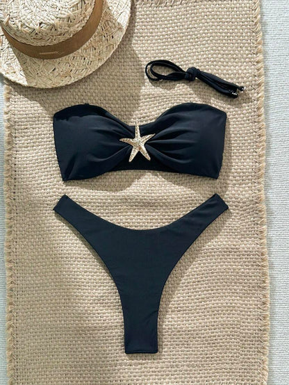 Swim Vcay Women's Solid Color Spaghetti Strap Starfish Metal Decor Sexy Bikini Set, Summer