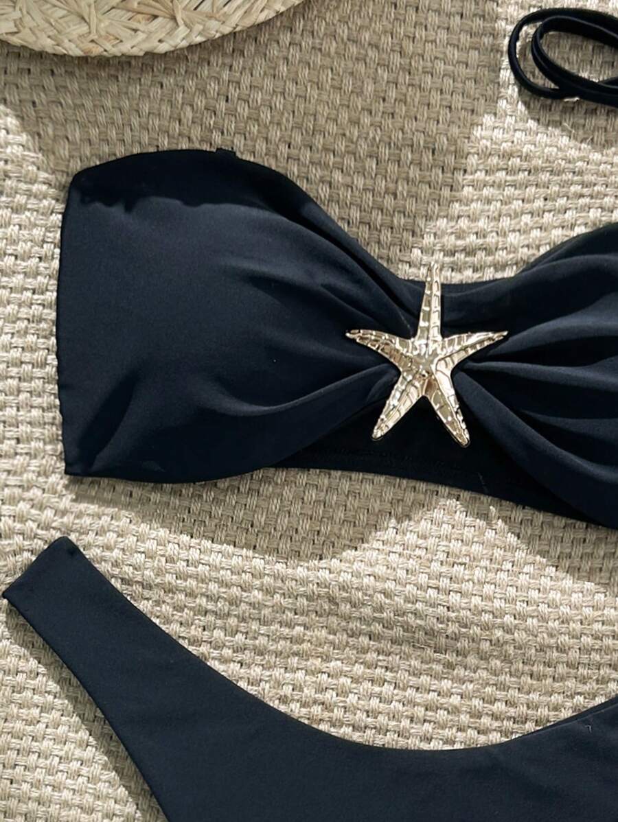 Swim Vcay Women's Solid Color Spaghetti Strap Starfish Metal Decor Sexy Bikini Set, Summer