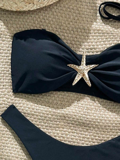 Swim Vcay Women's Solid Color Spaghetti Strap Starfish Metal Decor Sexy Bikini Set, Summer