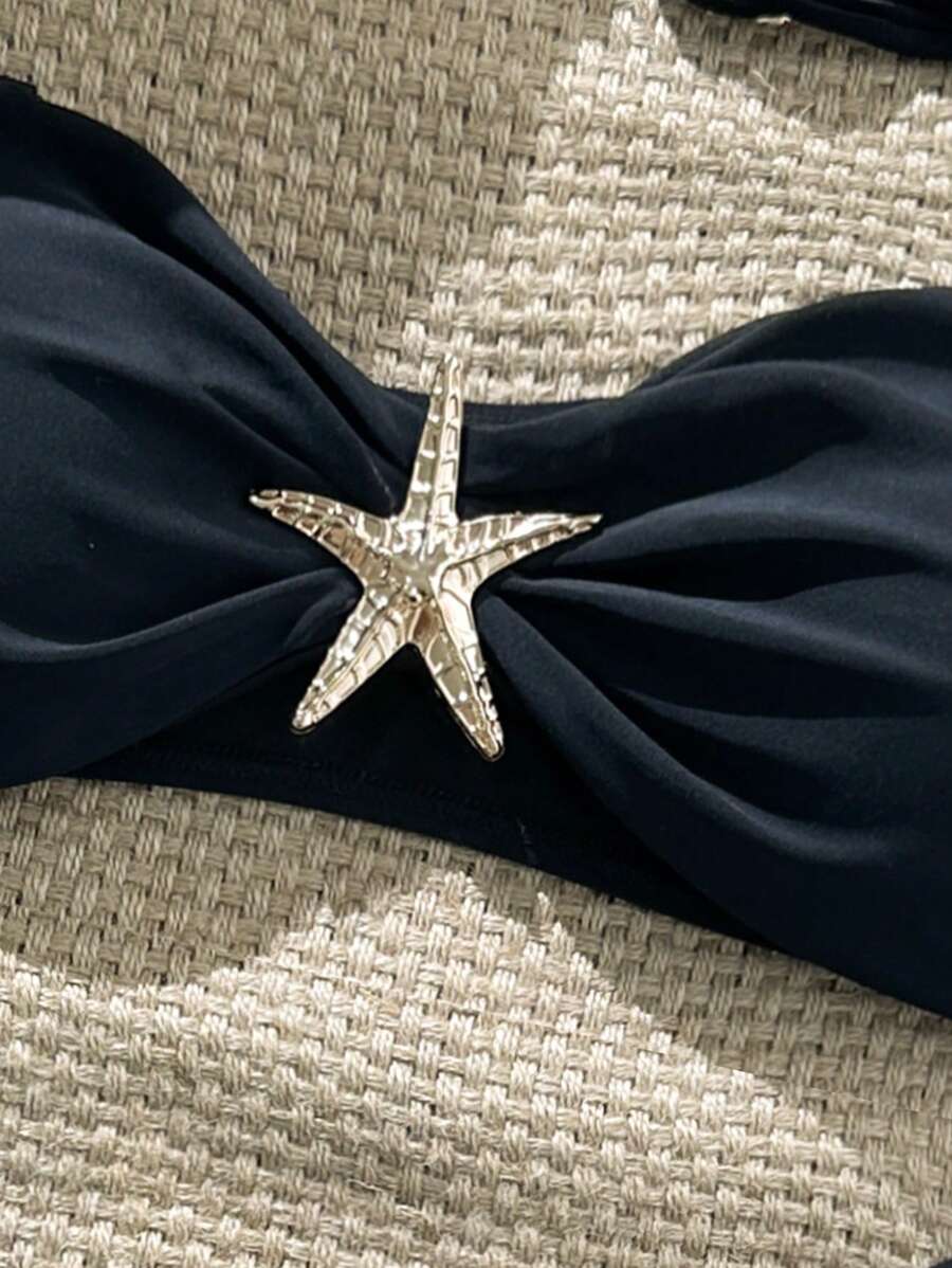 Swim Vcay Women's Solid Color Spaghetti Strap Starfish Metal Decor Sexy Bikini Set, Summer