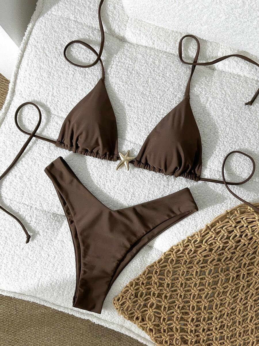 Swim Vcay Women's Solid Color Spaghetti Strap Metal Decor Sexy Bikini Set, Summer