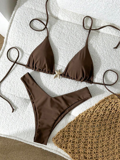 Swim Vcay Women's Solid Color Spaghetti Strap Metal Decor Sexy Bikini Set, Summer