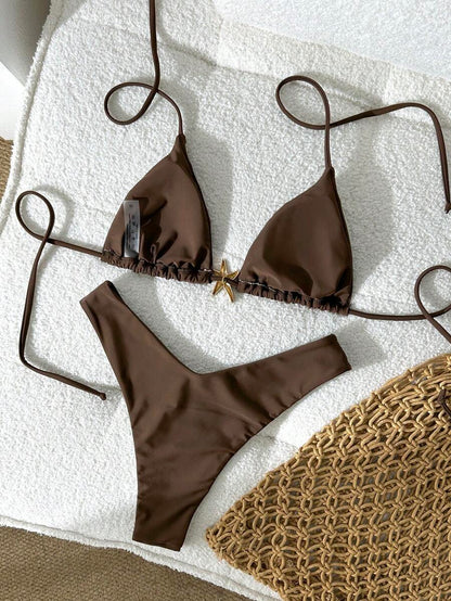 Swim Vcay Women's Solid Color Spaghetti Strap Metal Decor Sexy Bikini Set, Summer