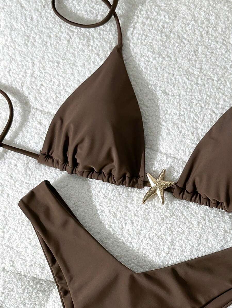 Swim Vcay Women's Solid Color Spaghetti Strap Metal Decor Sexy Bikini Set, Summer