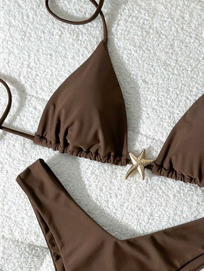 Swim Vcay Women's Solid Color Spaghetti Strap Metal Decor Sexy Bikini Set, Summer