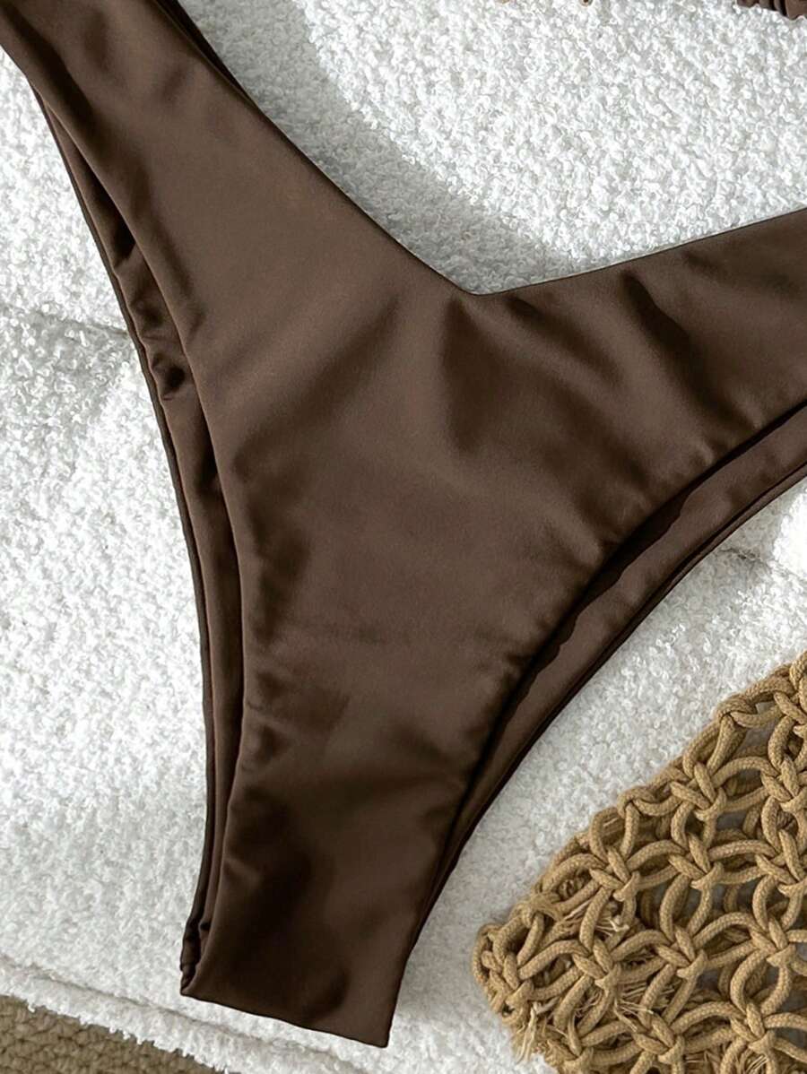 Swim Vcay Women's Solid Color Spaghetti Strap Metal Decor Sexy Bikini Set, Summer