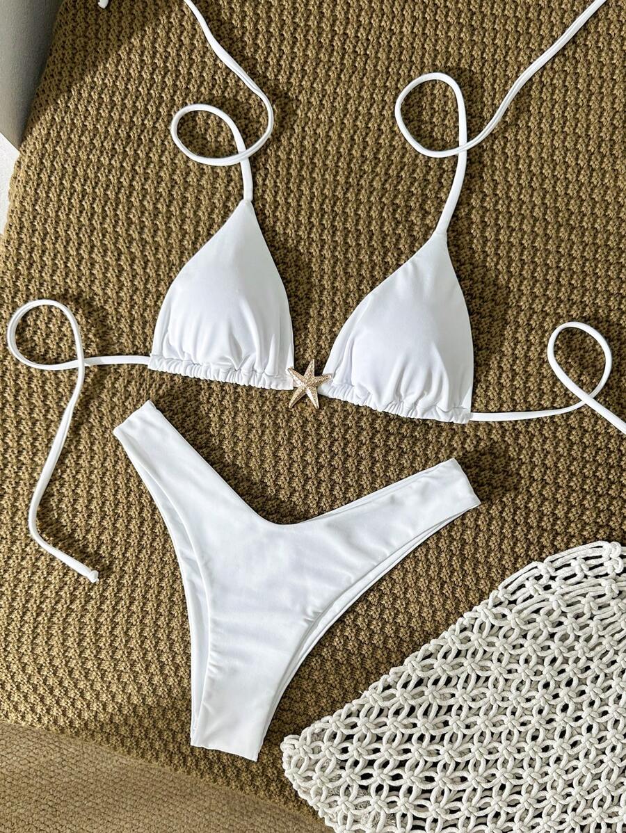 Swim Vcay Women's Solid Color Spaghetti Strap Metal Decor Sexy Bikini Set, Summer