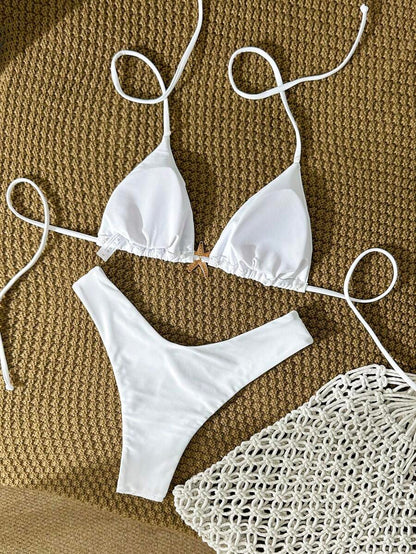 Swim Vcay Women's Solid Color Spaghetti Strap Metal Decor Sexy Bikini Set, Summer