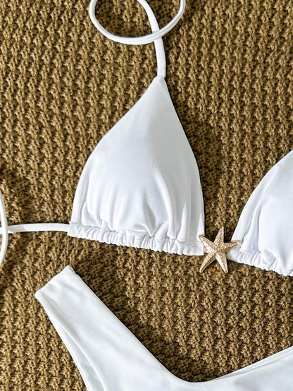Swim Vcay Women's Solid Color Spaghetti Strap Metal Decor Sexy Bikini Set, Summer