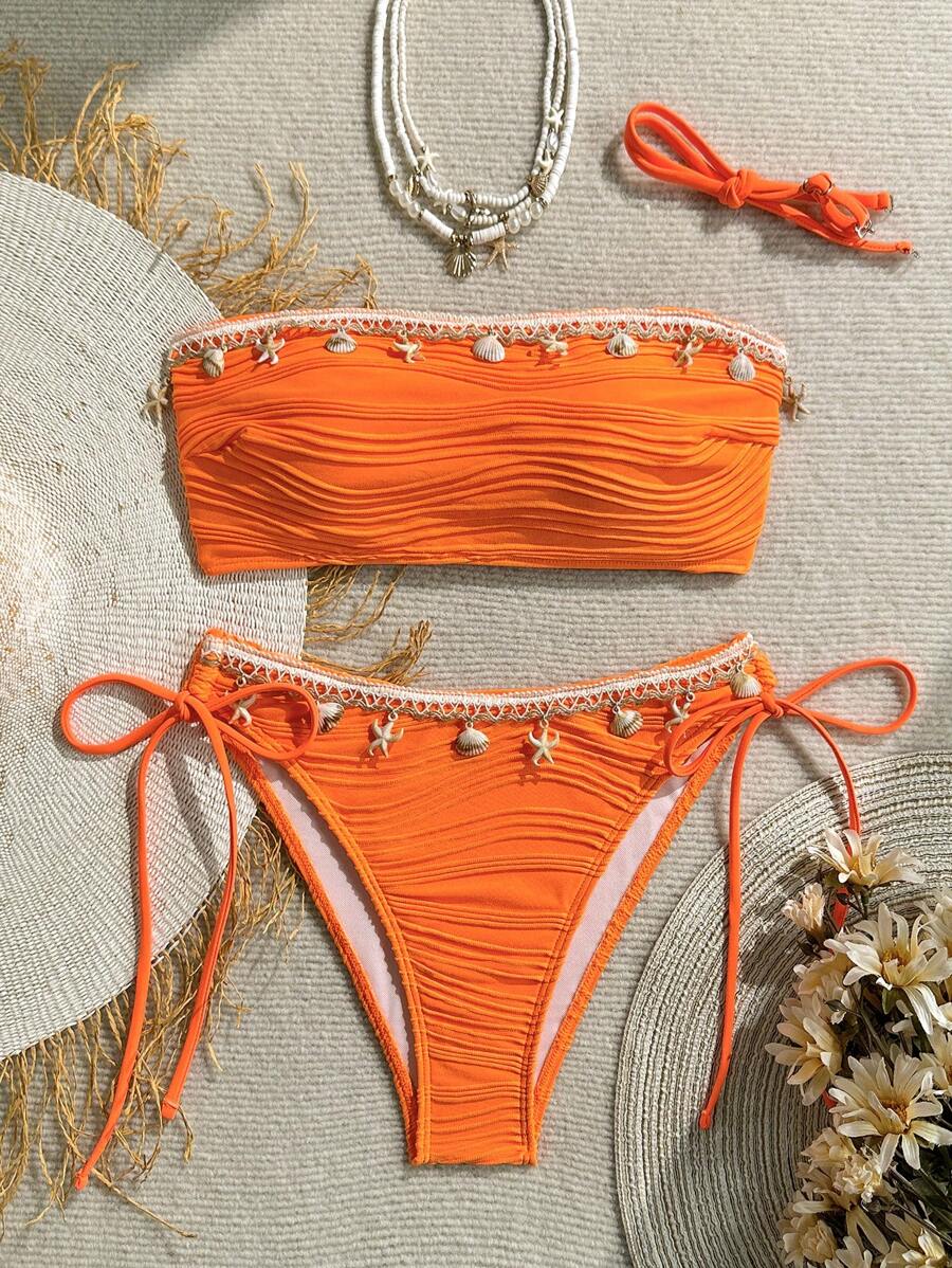 Women's 2-Piece Textured Bandeau Bikini Set - Shell Strap, Tie Side, Lace Up, White