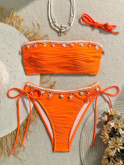 Women's 2-Piece Textured Bandeau Bikini Set - Shell Strap, Tie Side, Lace Up, White