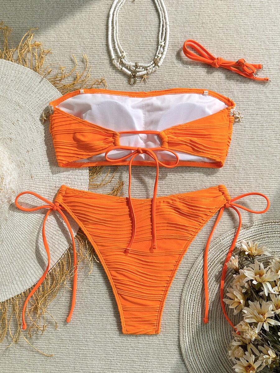 Women's 2-Piece Textured Bandeau Bikini Set - Shell Strap, Tie Side, Lace Up, White