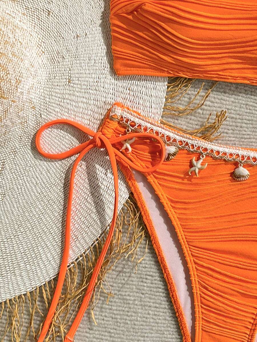 Women's 2-Piece Textured Bandeau Bikini Set - Shell Strap, Tie Side, Lace Up, White