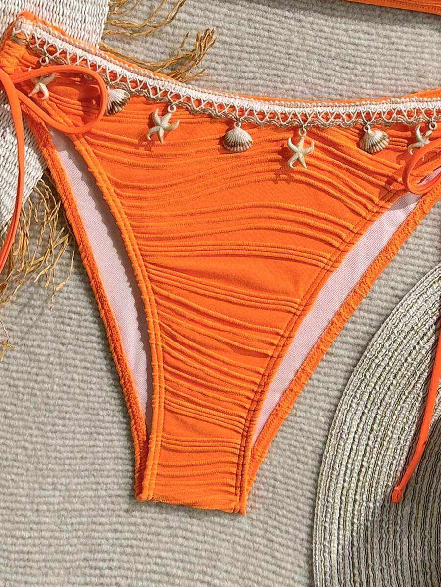 Women's 2-Piece Textured Bandeau Bikini Set - Shell Strap, Tie Side, Lace Up, White