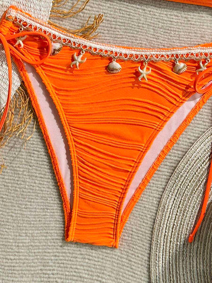 Women's 2-Piece Textured Bandeau Bikini Set - Shell Strap, Tie Side, Lace Up, White