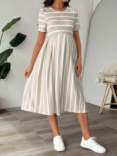 Maternity A Line Midi Dress - Scoop Neck, Side Stripe, Short Sleeve, Slim Fit, Khaki