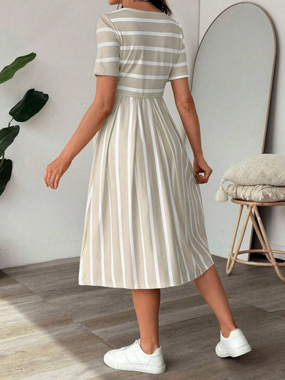Maternity A Line Midi Dress - Scoop Neck, Side Stripe, Short Sleeve, Slim Fit, Khaki