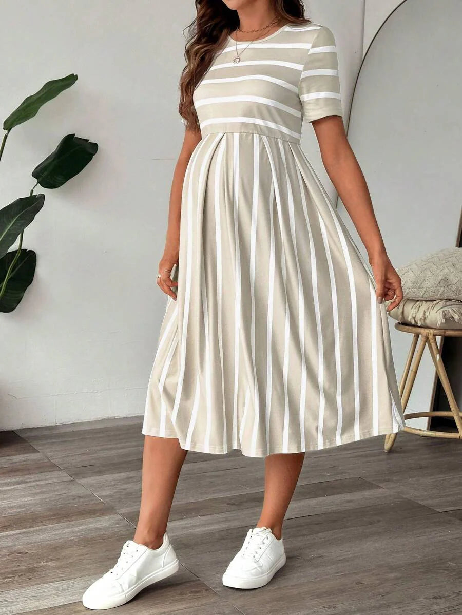 Maternity A Line Midi Dress - Scoop Neck, Side Stripe, Short Sleeve, Slim Fit, Khaki