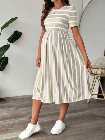 Maternity A Line Midi Dress - Scoop Neck, Side Stripe, Short Sleeve, Slim Fit, Khaki