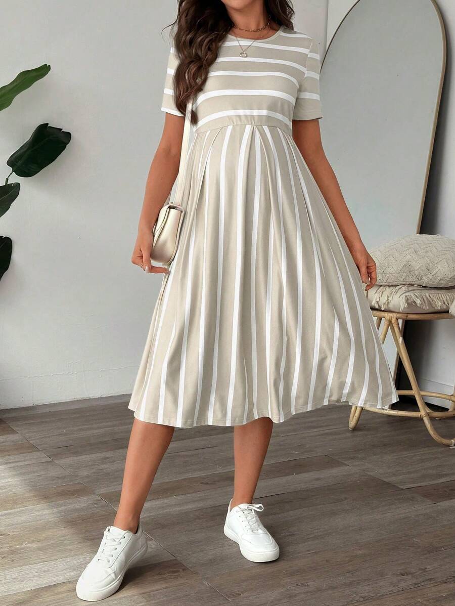 Maternity A Line Midi Dress - Scoop Neck, Side Stripe, Short Sleeve, Slim Fit, Khaki