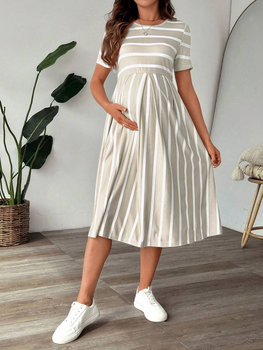 Maternity A Line Midi Dress - Scoop Neck, Side Stripe, Short Sleeve, Slim Fit, Khaki