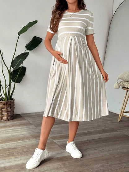 Maternity A Line Midi Dress - Scoop Neck, Side Stripe, Short Sleeve, Slim Fit, Khaki
