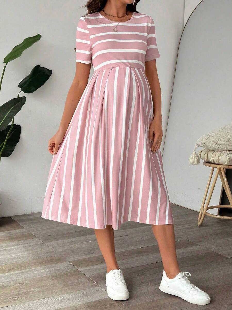 Maternity A Line Midi Dress - Scoop Neck, Side Stripe, Short Sleeve, Slim Fit, Khaki