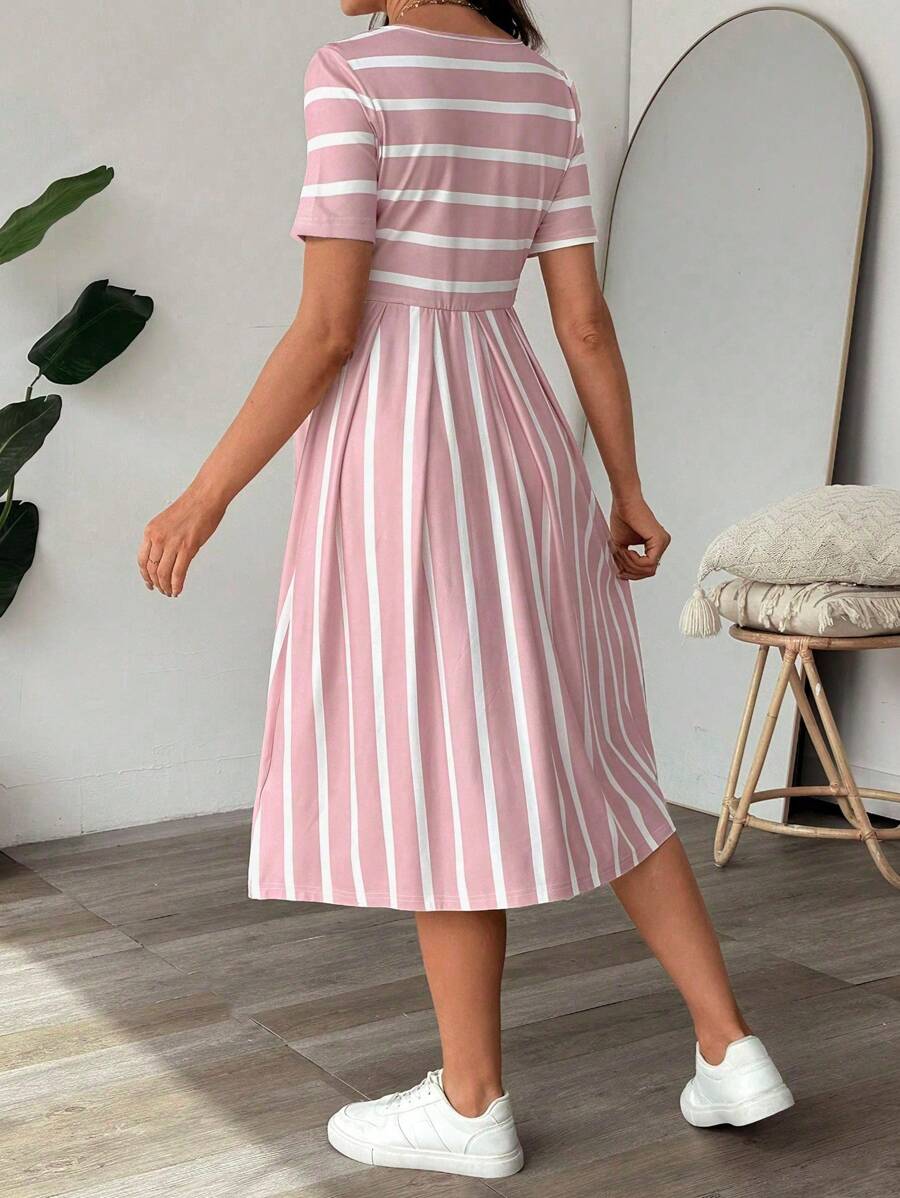Maternity A Line Midi Dress - Scoop Neck, Side Stripe, Short Sleeve, Slim Fit, Khaki