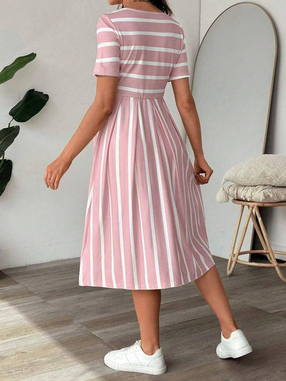 Maternity A Line Midi Dress - Scoop Neck, Side Stripe, Short Sleeve, Slim Fit, Khaki