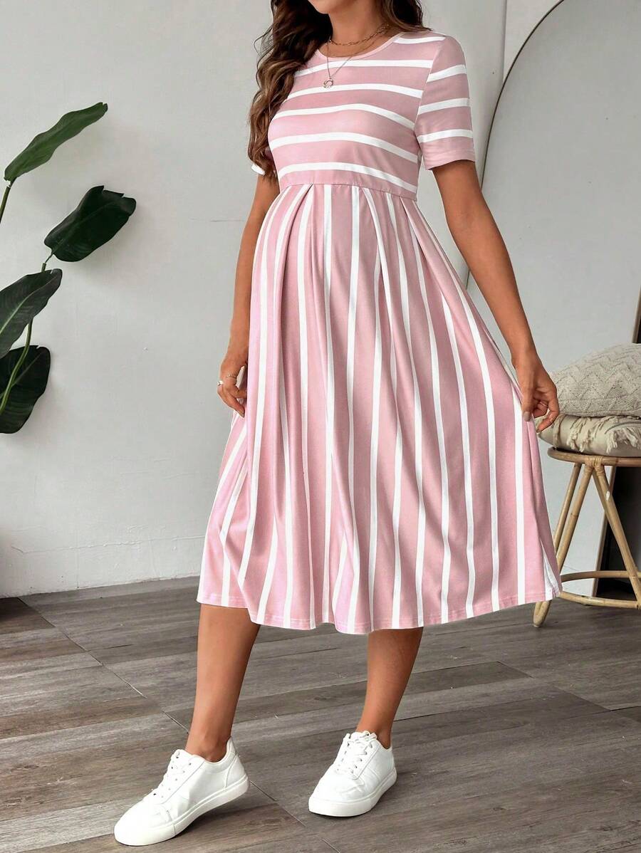 Maternity A Line Midi Dress - Scoop Neck, Side Stripe, Short Sleeve, Slim Fit, Khaki