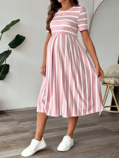 Maternity A Line Midi Dress - Scoop Neck, Side Stripe, Short Sleeve, Slim Fit, Khaki