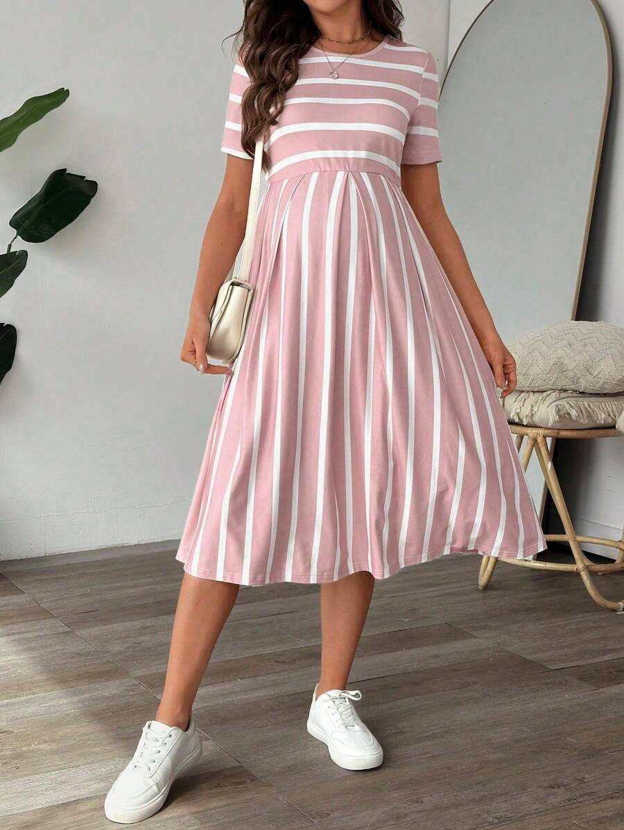 Maternity A Line Midi Dress - Scoop Neck, Side Stripe, Short Sleeve, Slim Fit, Khaki