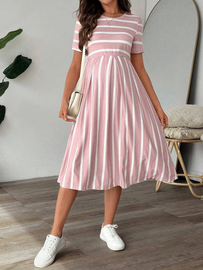 Maternity A Line Midi Dress - Scoop Neck, Side Stripe, Short Sleeve, Slim Fit, Khaki