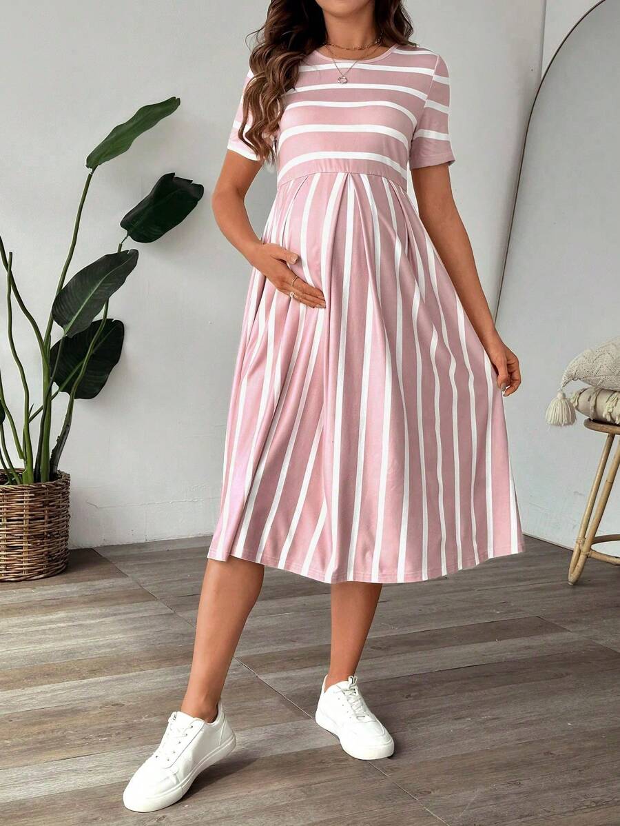Maternity A Line Midi Dress - Scoop Neck, Side Stripe, Short Sleeve, Slim Fit, Khaki