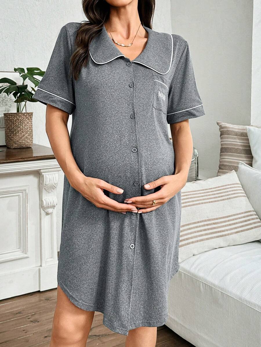 Moonlight and Mama Dusty Pink Maternity Nightgown - Letter Embroidery Peter Pan Collar Sleep Dress - High Waist V Neck Half Sleeve Loungewear