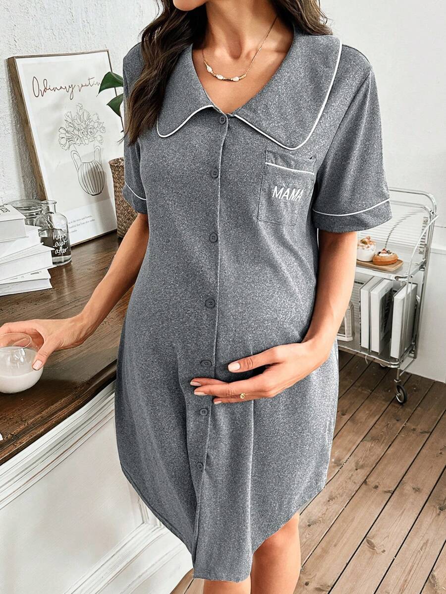 Maternity Peter Pan Collar Dress with Pocket - Black Color Block Half Sleeve Dress - Stylish High Waist Letter Embroidery Casual Maternity Wear