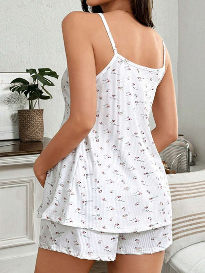 Maternity Pajama Set 2 Pack - Knit Ribbed Ditsy Floral Lace V-Neck Top and Shorts, Nursing